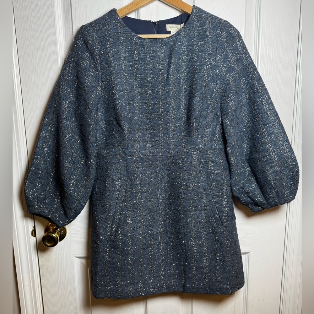 See U Soon Blue Metallic Tweed Mini Dress Puff Sleeve Lined Pockets NWT Size S